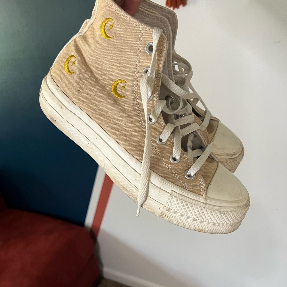 Converse High-Top Platform Sneakers in Beige with Yellow Moon Embroidery